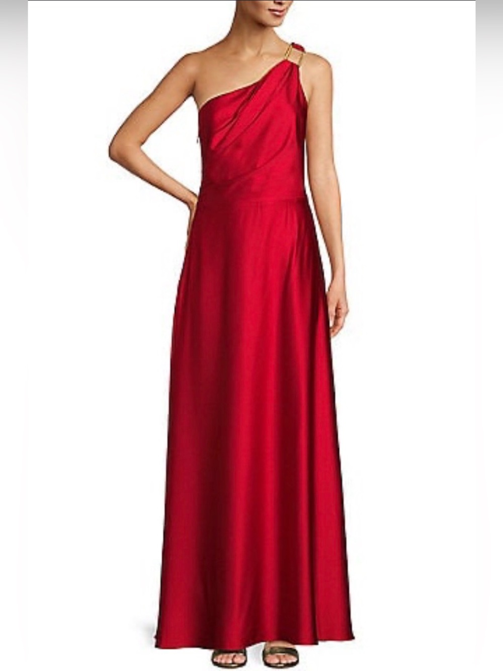 Alex Marie One-Shoulder Red Gown with Gold Ring Detail